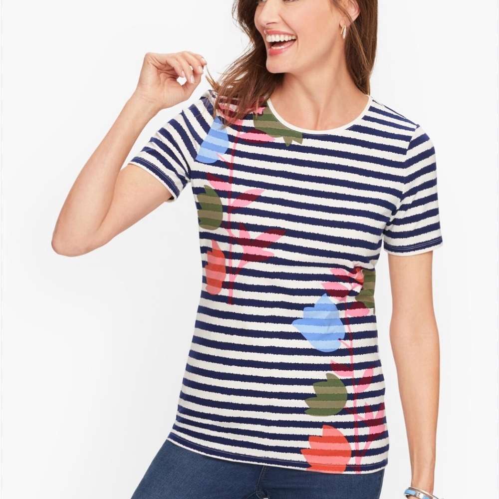 Talbots Navy Striped Tee with Floral Design
